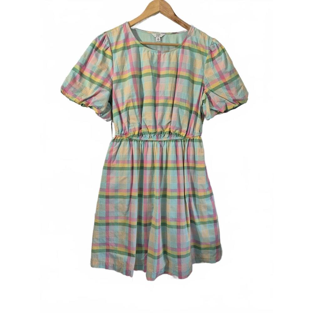 Crown & Ivy Ladies Preppy Green Pink Blue Plaid 100% Cotton Short Dress